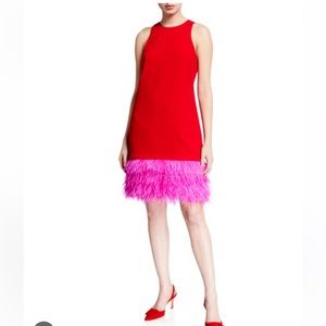 Trina Turk red shift dress with pink feathers size 16